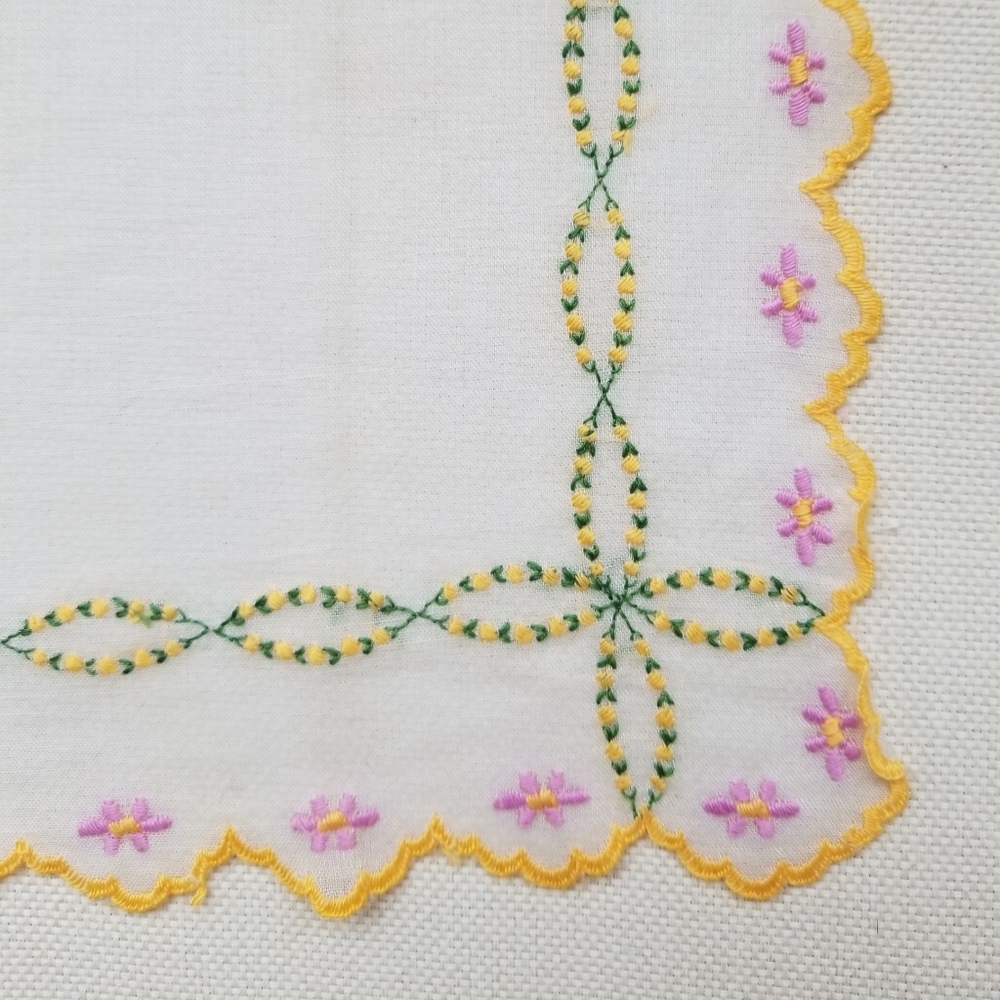 VTG Hand-Embroidered Pink, Green & Yellow Handkerchief - Picture 3 of 6